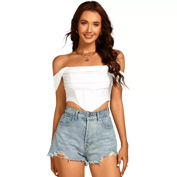 LYANER Women's Sexy Off Shoulder Ruched Mesh Sleeve Corset Crop Top Shirt Blouse