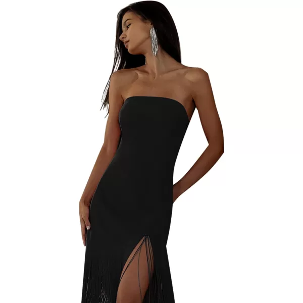 LYANER Women's Sexy Off Shoulder Strapless Tube Top Fringed Hem Bodycon Cocktail Party Midi Dress