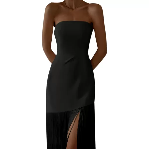 LYANER Women's Sexy Off Shoulder Strapless Tube Top Fringed Hem Bodycon Cocktail Party Midi Dress