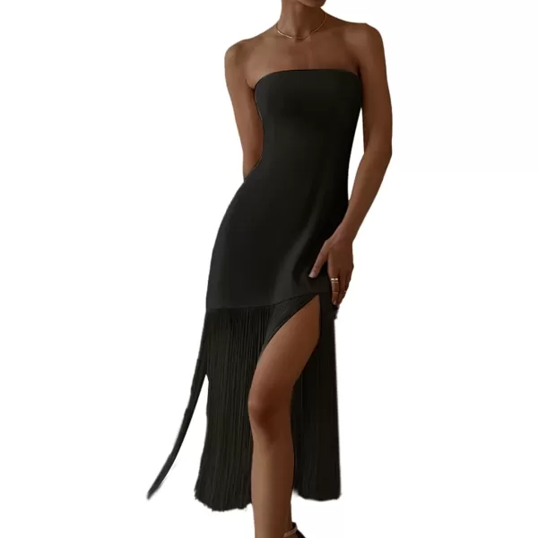 LYANER Women's Sexy Off Shoulder Strapless Tube Top Fringed Hem Bodycon Cocktail Party Midi Dress