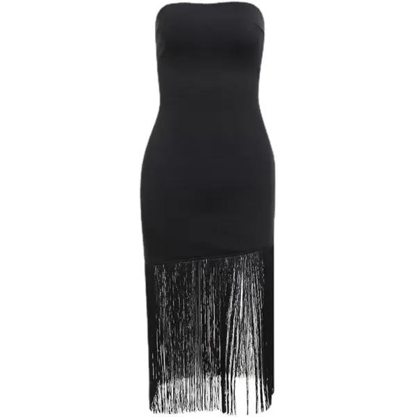 LYANER Women's Sexy Off Shoulder Strapless Tube Top Fringed Hem Bodycon Cocktail Party Midi Dress