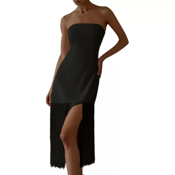 LYANER Women's Sexy Off Shoulder Strapless Tube Top Fringed Hem Bodycon Cocktail Party Midi Dress