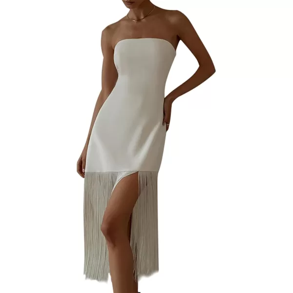 LYANER Women's Sexy Off Shoulder Strapless Tube Top Fringed Hem Bodycon Cocktail Party Midi Dress