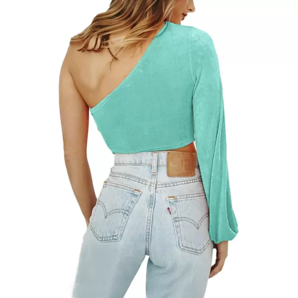 LYANER Women's Sexy One Shoulder Cut Out Bishop Long Sleeve Crop Tee Blouse Top