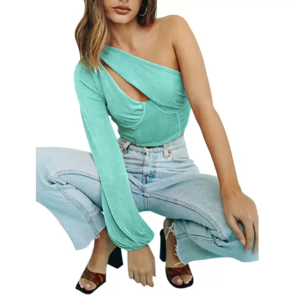 LYANER Women's Sexy One Shoulder Cut Out Bishop Long Sleeve Crop Tee Blouse Top