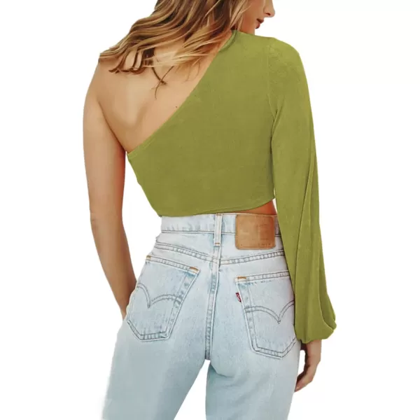 LYANER Women's Sexy One Shoulder Cut Out Bishop Long Sleeve Crop Tee Blouse Top