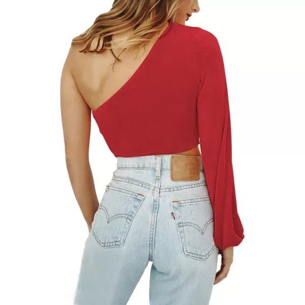 LYANER Women's Sexy One Shoulder Cut Out Bishop Long Sleeve Crop Tee Blouse Top