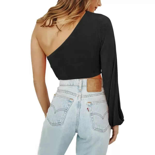 LYANER Women's Sexy One Shoulder Cut Out Bishop Long Sleeve Crop Tee Blouse Top