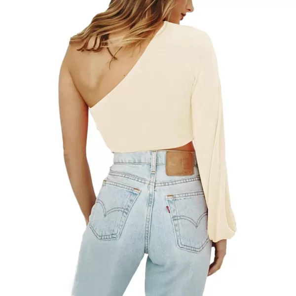LYANER Women's Sexy One Shoulder Cut Out Bishop Long Sleeve Crop Tee Blouse Top