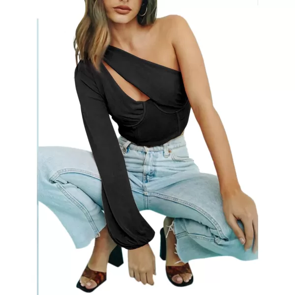 LYANER Women's Sexy One Shoulder Cut Out Bishop Long Sleeve Crop Tee Blouse Top