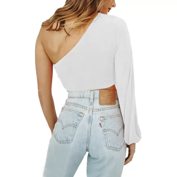 LYANER Women's Sexy One Shoulder Cut Out Bishop Long Sleeve Crop Tee Blouse Top
