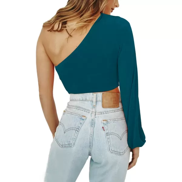 LYANER Women's Sexy One Shoulder Cut Out Bishop Long Sleeve Crop Tee Blouse Top