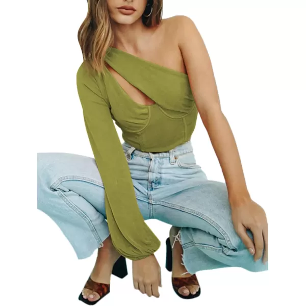 LYANER Women's Sexy One Shoulder Cut Out Bishop Long Sleeve Crop Tee Blouse Top