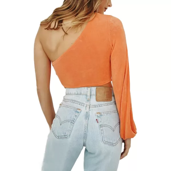 LYANER Women's Sexy One Shoulder Cut Out Bishop Long Sleeve Crop Tee Blouse Top