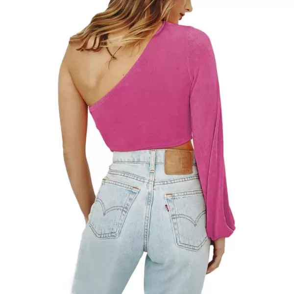 LYANER Women's Sexy One Shoulder Cut Out Bishop Long Sleeve Crop Tee Blouse Top