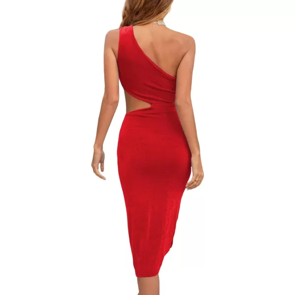 LYANER Women's Sexy One Shoulder Cut Out Split Sleeveless Bodycon Club Midi Dress