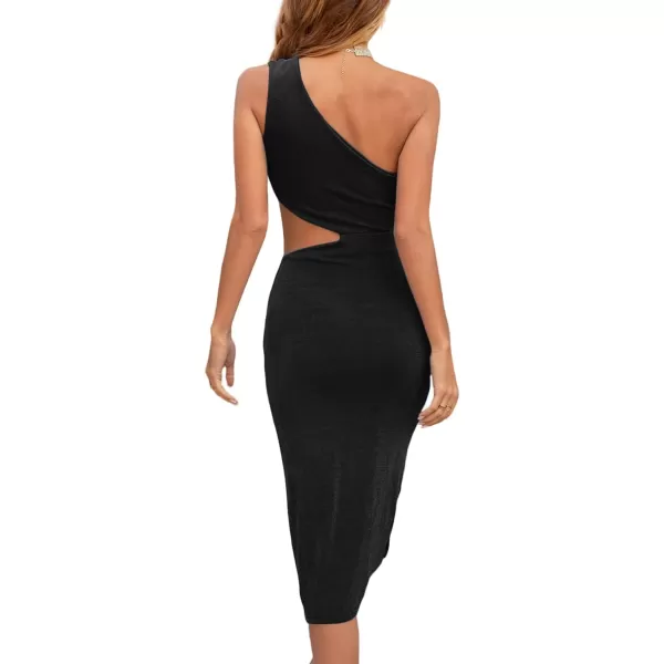 LYANER Women's Sexy One Shoulder Cut Out Split Sleeveless Bodycon Club Midi Dress