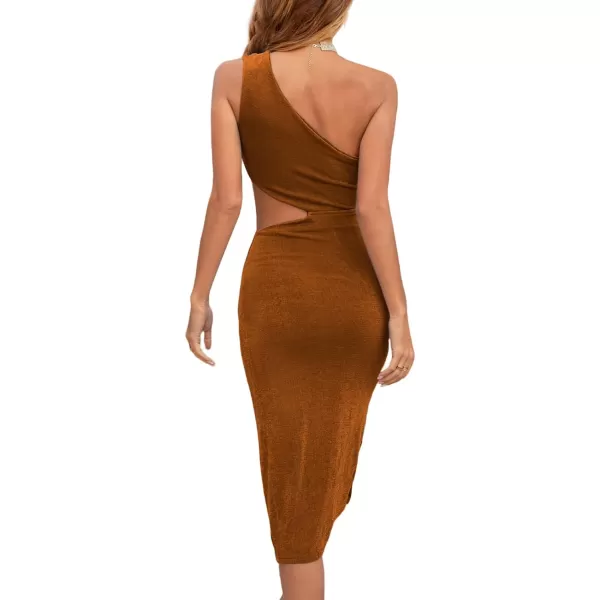 LYANER Women's Sexy One Shoulder Cut Out Split Sleeveless Bodycon Club Midi Dress