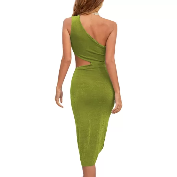 LYANER Women's Sexy One Shoulder Cut Out Split Sleeveless Bodycon Club Midi Dress