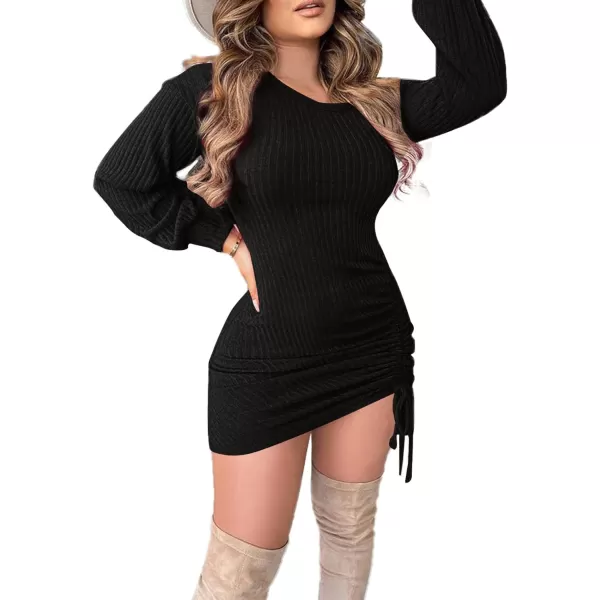 LYANER Women's Sexy One Shoulder Long Sleeve Side Drawstring Bodycon Party Club Mini Dress