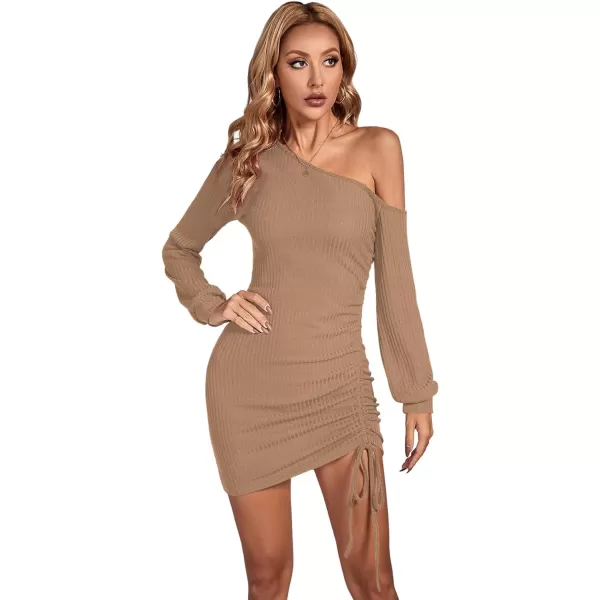 LYANER Women's Sexy One Shoulder Long Sleeve Side Drawstring Bodycon Party Club Mini Dress