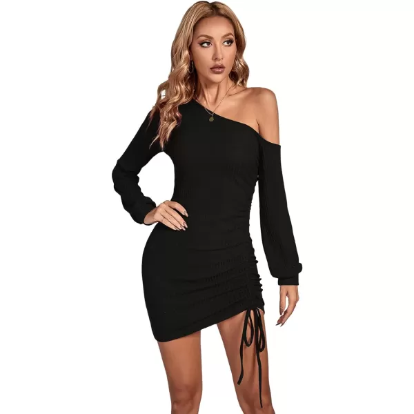 LYANER Women's Sexy One Shoulder Long Sleeve Side Drawstring Bodycon Party Club Mini Dress