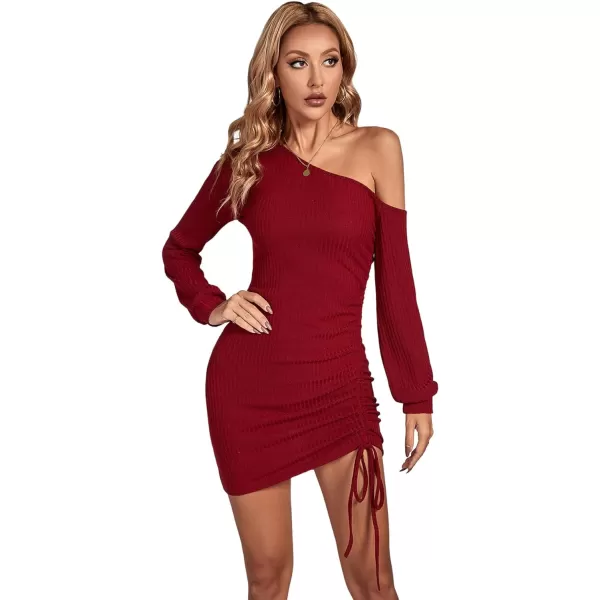 LYANER Women's Sexy One Shoulder Long Sleeve Side Drawstring Bodycon Party Club Mini Dress