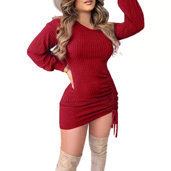 LYANER Women's Sexy One Shoulder Long Sleeve Side Drawstring Bodycon Party Club Mini Dress