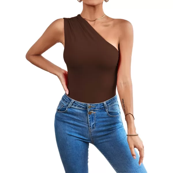 LYANER Women's Sexy One Shoulder Ruched Sleeveless Slim Fit Bodysuit Leotard Top
