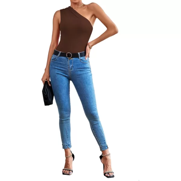 LYANER Women's Sexy One Shoulder Ruched Sleeveless Slim Fit Bodysuit Leotard Top