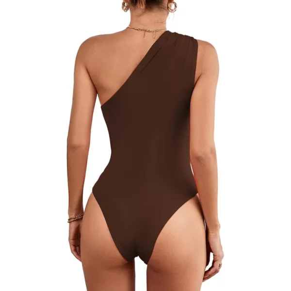 LYANER Women's Sexy One Shoulder Ruched Sleeveless Slim Fit Bodysuit Leotard Top