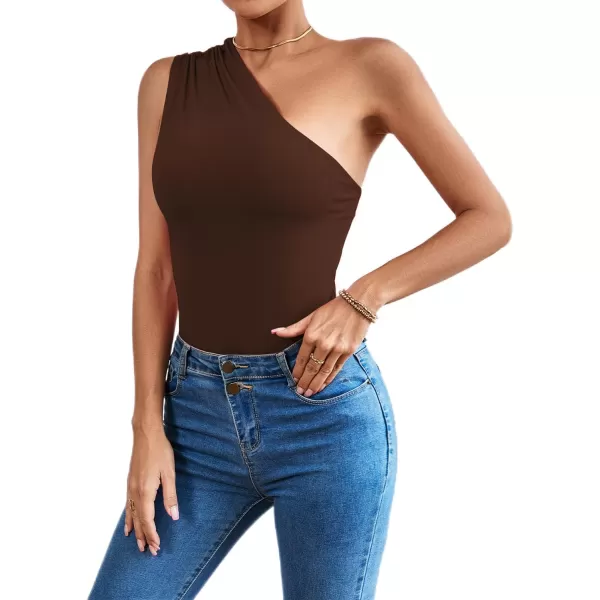 LYANER Women's Sexy One Shoulder Ruched Sleeveless Slim Fit Bodysuit Leotard Top