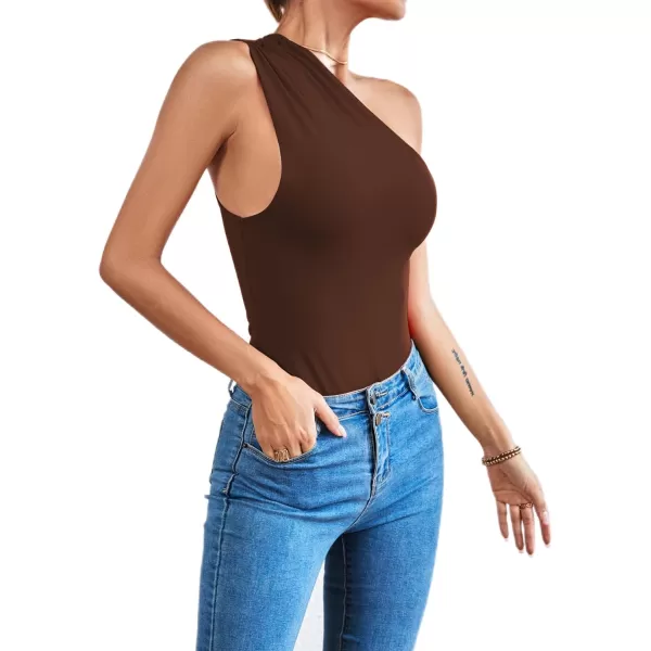 LYANER Women's Sexy One Shoulder Ruched Sleeveless Slim Fit Bodysuit Leotard Top