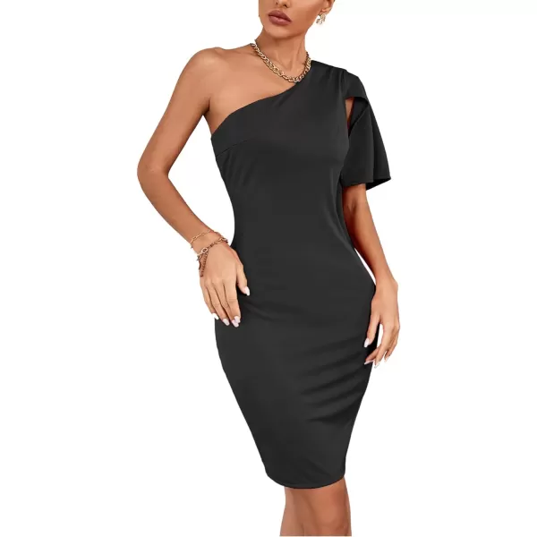 LYANER Women's Sexy One Shoulder Ruffle Bodycon Zipper Mini Short Cocktail Dress
