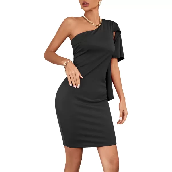 LYANER Women's Sexy One Shoulder Ruffle Bodycon Zipper Mini Short Cocktail Dress