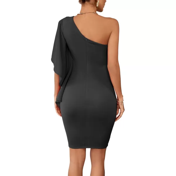 LYANER Women's Sexy One Shoulder Ruffle Bodycon Zipper Mini Short Cocktail Dress