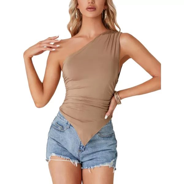 LYANER Women's Sexy One Shoulder Sleeveless Asymmetrical Hem Ruched Strappy Cami Tank Crop Top