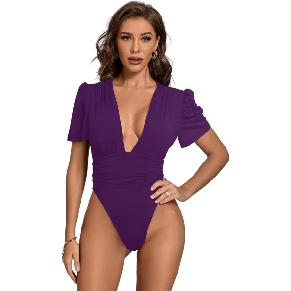 LYANER Women's Sexy Plunging V Neck Ruched Pleated Puff Short Sleeve Bodysuit Leotard Top