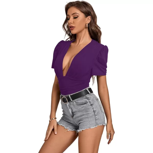 LYANER Women's Sexy Plunging V Neck Ruched Pleated Puff Short Sleeve Bodysuit Leotard Top