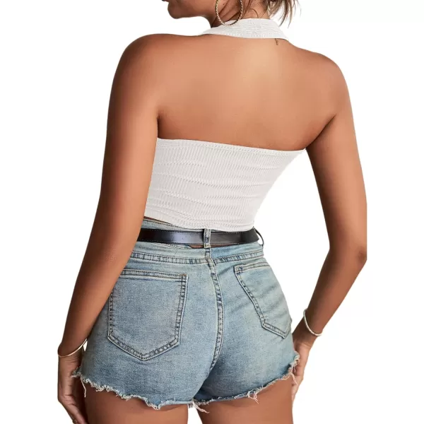LYANER Women's Sexy Rib Knit Halter Square Neck Backless Fitted Sleeveless Crop Top Tank