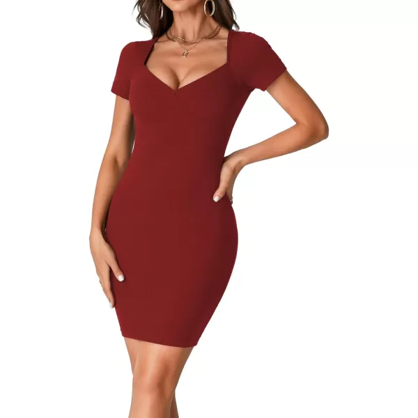 LYANER Women's Sexy Ribbed Sweeetheart Neck Short Sleeve High Waist Bodycon Mini Dress