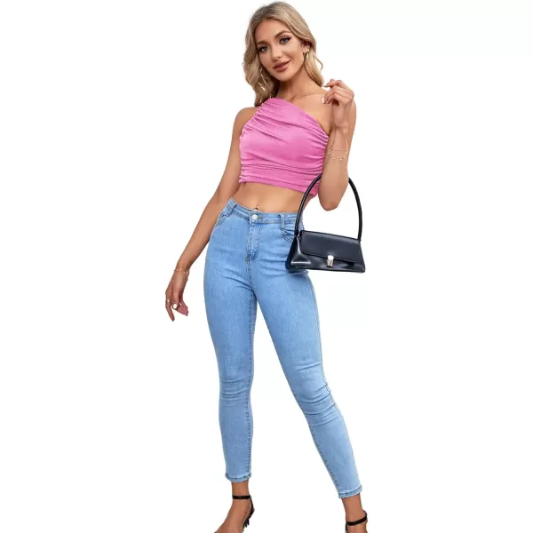 LYANER Women's Sexy Ruched One Shoulder Sleeveless Crop Top Strappy Cami Tank