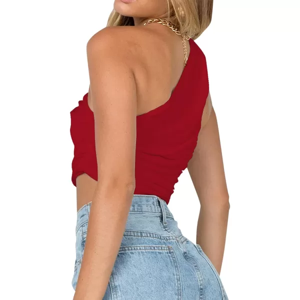 LYANER Women's Sexy Ruched One Shoulder Sleeveless Crop Top Strappy Cami Tank