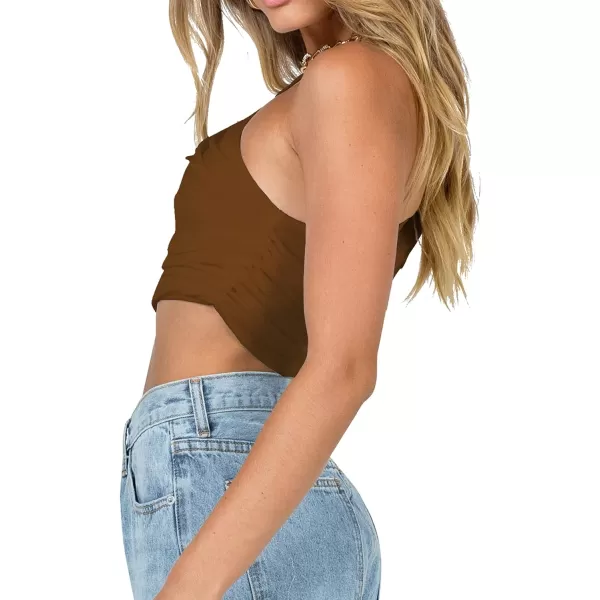 LYANER Women's Sexy Ruched One Shoulder Sleeveless Crop Top Strappy Cami Tank