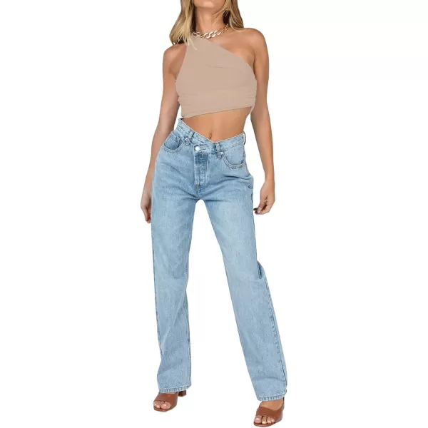LYANER Women's Sexy Ruched One Shoulder Sleeveless Crop Top Strappy Cami Tank