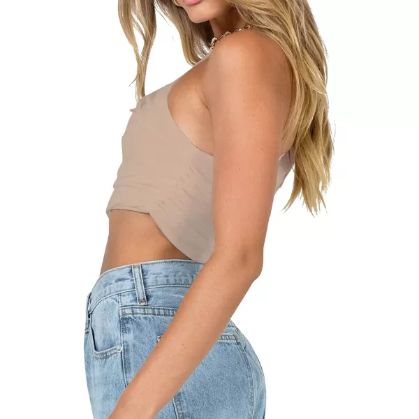 LYANER Women's Sexy Ruched One Shoulder Sleeveless Crop Top Strappy Cami Tank
