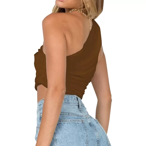 LYANER Women's Sexy Ruched One Shoulder Sleeveless Crop Top Strappy Cami Tank