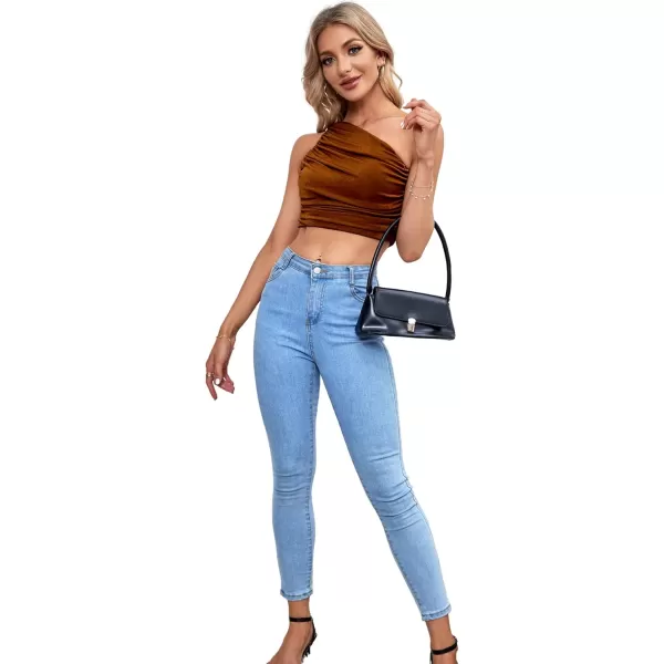 LYANER Women's Sexy Ruched One Shoulder Sleeveless Crop Top Strappy Cami Tank