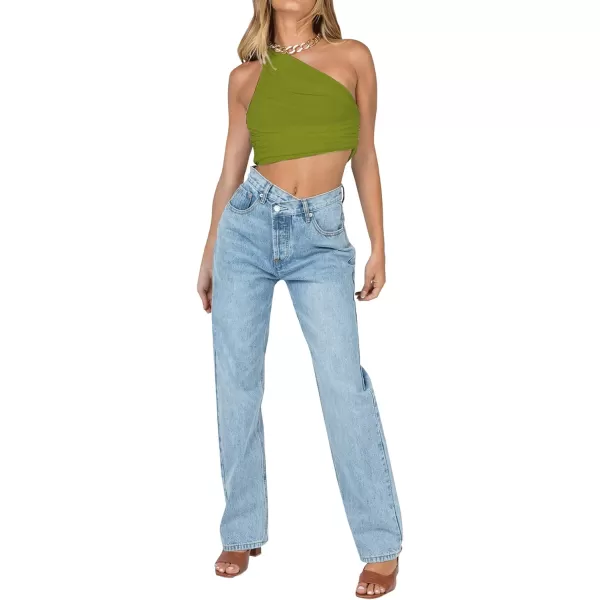 LYANER Women's Sexy Ruched One Shoulder Sleeveless Crop Top Strappy Cami Tank
