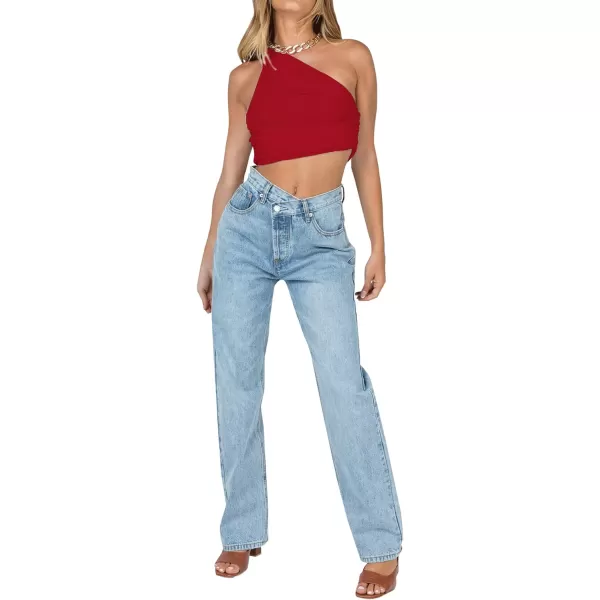 LYANER Women's Sexy Ruched One Shoulder Sleeveless Crop Top Strappy Cami Tank